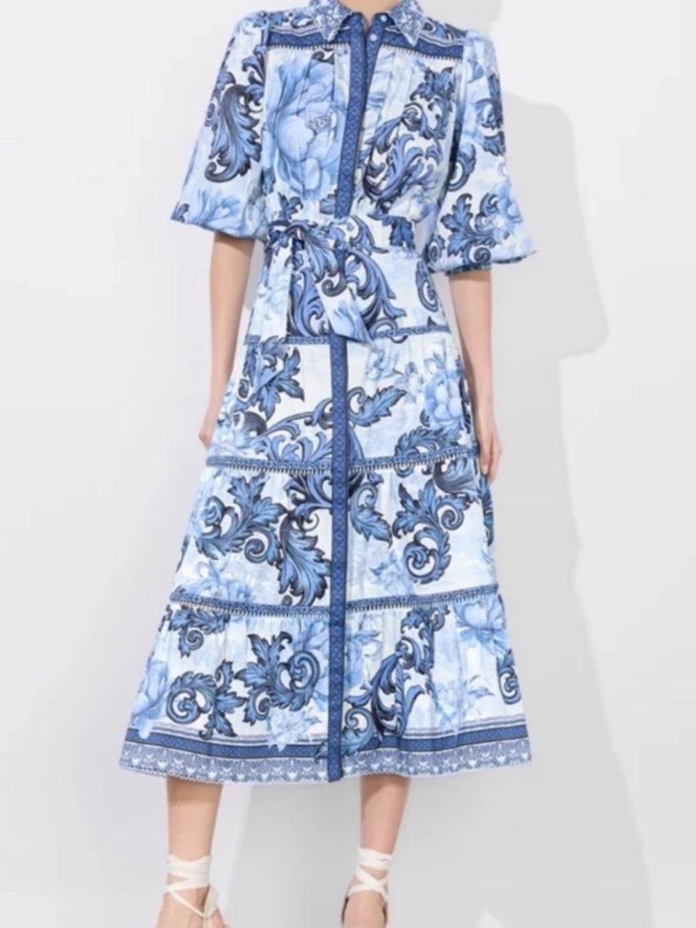Alice + Olivia Geneva Midi Dress In Blue Scroll Symphony NWT Sz M